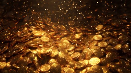 Golden coins glitter against dark backdrop. Neural network AI generated