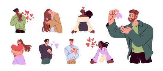 Concept set of love expression. Diverse people with red hearts. Men and women with romantic feelings and affection signs, symbols air kiss and self care. Flat isolated vector illustrations on white.