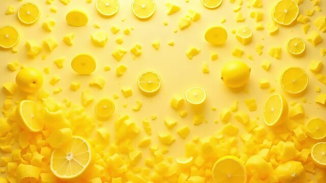 Fresh yellow lemons and zest scattered on vibrant background, perfect for food themes