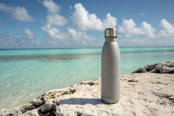 Gray reusable water bottle with silver cap on rock by turquoise ocean container liquid