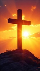 A symbolic representation of Christian salvation; a cross silhouetted against a radiant sunrise, signifying hope, redemption, and new beginnings , faith, redemption
