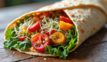 Delicious and Healthy Vegetable Wrap on Wooden Table