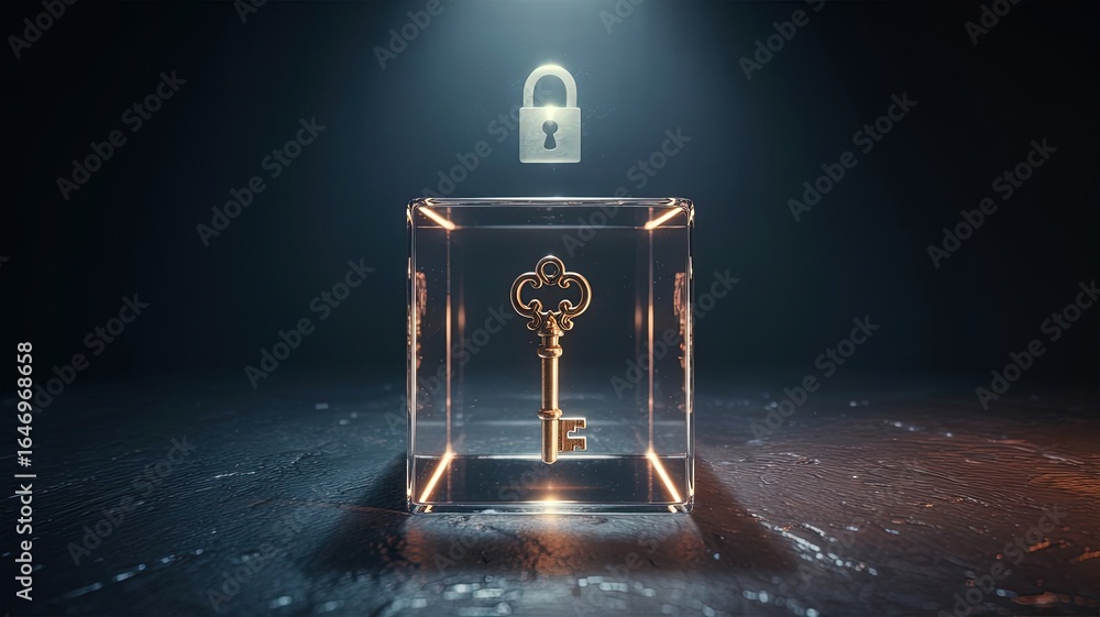 Poster security and key concept: a clear glass cube with a golden skeleton key inside, and a floating padlo