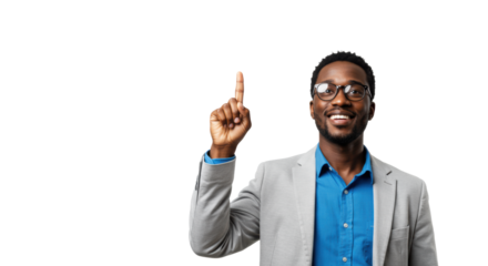 A confident, diverse gender-neutral person (25-45) in smart-casual business attire smiles, pointing upwards on a transparent studio background, ample copy space. Concept of strategic leadership