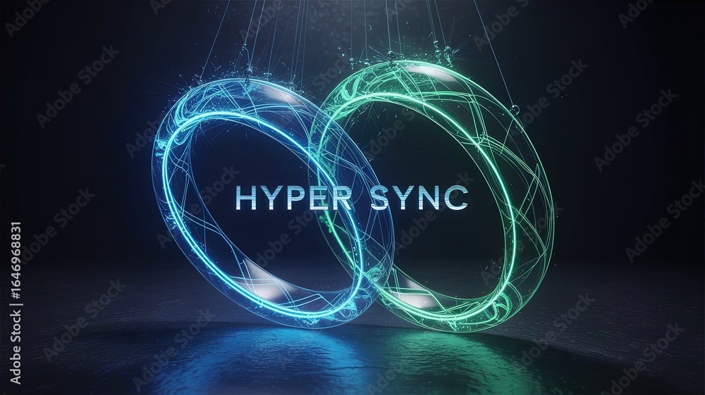 Poster hyper sync: a sleek, futuristic visual featuring interconnected rings and the words hyper sync, symb