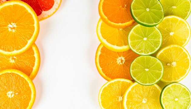 Freshly cut citrus fruits oranges lemons and limes on white background flat lay composition - Powered by Adobe