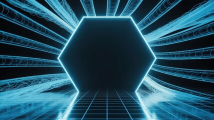 Hexagon Blueprint: A captivating futuristic design featuring a glowing hexagonal structure, surrounded by intricate blue lines.