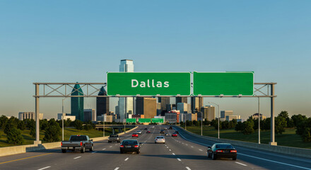 Dallas Highway with Guide Sign, Destination Sign, Overhead Signage, Reunion Tower, Urban Skyline, Multi-Lane Traffic, Daytime
