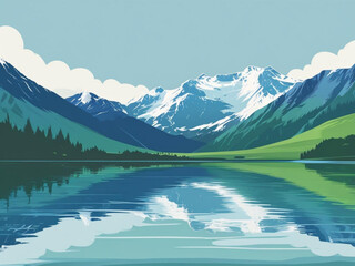 Fototapeta premium Serene Mountain Lake: A captivating vista of a tranquil lake reflecting snow-capped mountains under a clear, expansive sky, a masterpiece of nature's art.