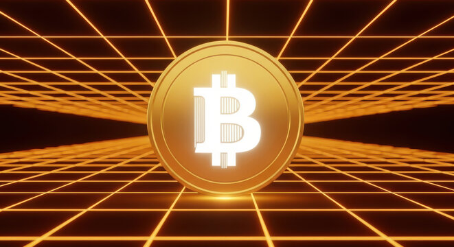 Golden Bitcoin cryptocurrency coin glowing on a neon orange grid perspective background digital currency