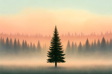 Lone evergreen tree stands tall in misty forest at sunrise with pastel sky pine