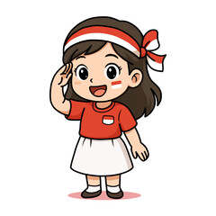 Cartoon Cheerful Girl Saluting with Indonesian Flag Theme for Celebration Independence Day
