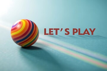 Colorful striped ball casting long shadows on a teal background with the words lets play