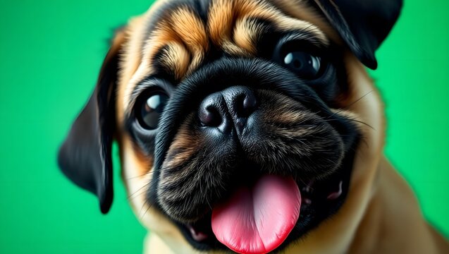 Close up shot of a pug dog with its tongue out against a green colored background in studio light - Powered by Adobe