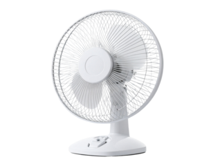 White Desk Fan with Adjustable Tilt, Side View, Isolated on Transparent Background
