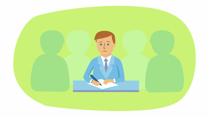 Man in a suit writing at a desk with blurry figures in the background on a green backdrop design style