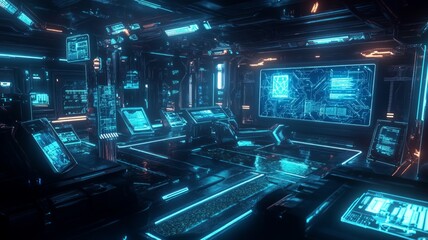 Futuristic command center with blue neon glows. Neural network AI generated