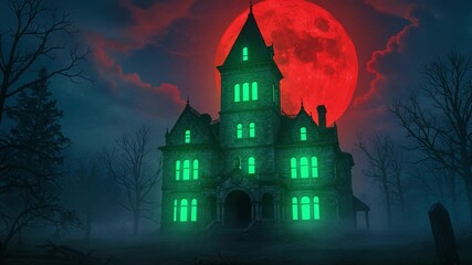 An eerie haunted mansion stands under a glowing red moon, surrounded by dark, leafless trees and an atmosphere filled with mystery and suspense.
