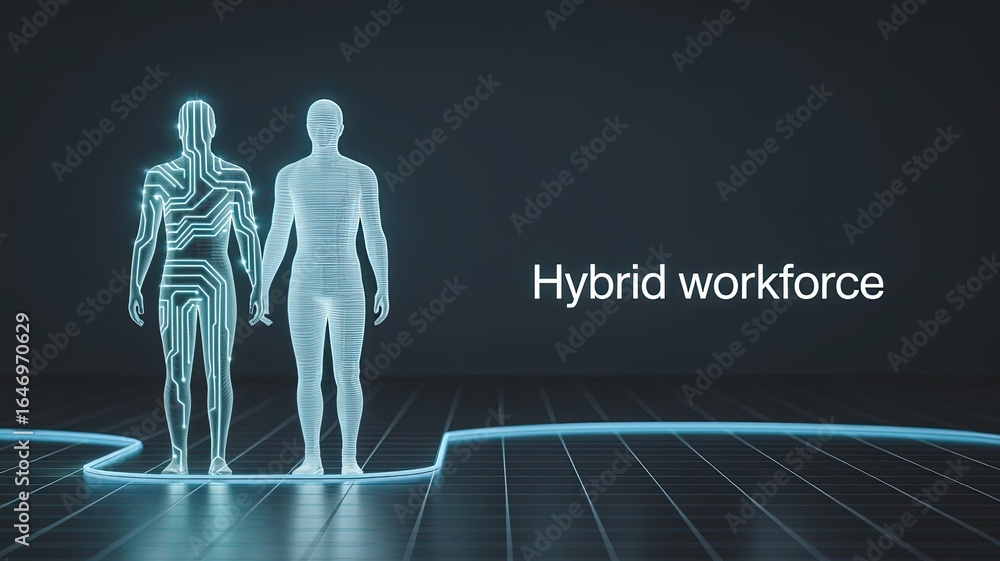 Poster hybrid workforce: a conceptual image showcasing the future of work with a digital and human embodime