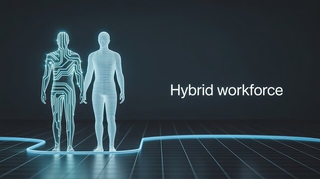 Hybrid Workforce: A conceptual image showcasing the future of work with a digital and human embodiment, representing the blend of technology and human capabilities in a modern workspace.