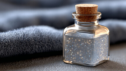 Glass bottle with cork filled with glitter on soft fabric.