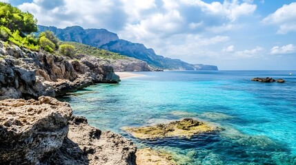 Fototapeta premium Turquoise Mediterranean Sea Coastline Rocky Shore Sunny Day