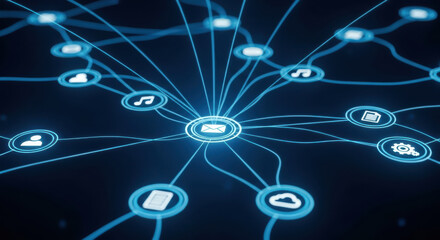 Digital network connection with email icon at center and data flow technology communication