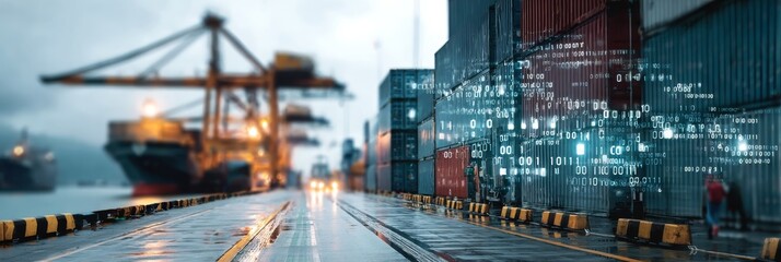 Futuristic Cargo Port with Digital Data Streams Showcasing Global Trade and Technology Insights