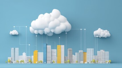 Cloud computing connecting buildings in smart city skyline