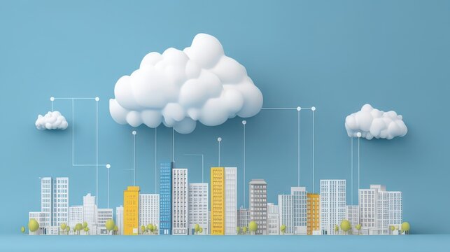 Cloud computing connecting buildings in smart city skyline