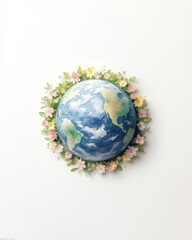 Watercolor Earth Surrounded by Flowers Symbolizing Peace and Environmental Harmony