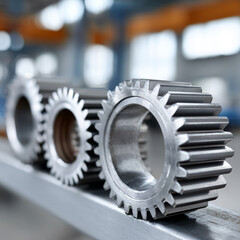 Close-up of metal gears in an industrial setting.