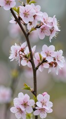 Obraz premium Blossoming cherry tree branches display delicate pink flowers in early spring