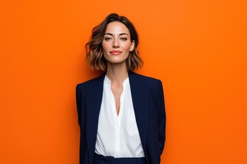 Professional woman poses confidently in front of vibrant orange background, showcasing modern fashion and style during a studio photoshoot