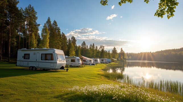 A serene lakeside scene featuring multiple caravans parked on lush green grass under a sunny sky, surrounded by trees.