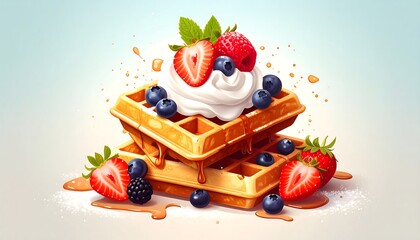Two golden waffles topped with whipped cream, berries, and a drizzle of syrup