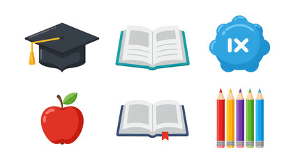 Education Essentials: Graduation Cap, Books, Pencils, and School Icons Set