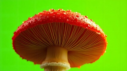 A close up view of a red mushroom with water droplets on its cap against a green background