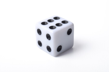 One white dice isolated on white background