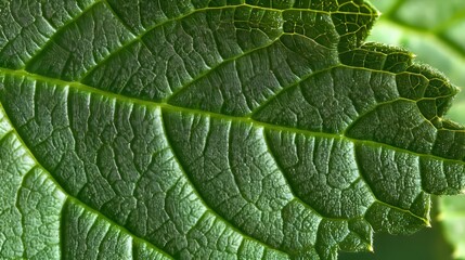 Fototapeta premium Close Up of a Lush Green Leaf Texture, Showcasing Intricate Patterns, Veins, and Cellular Details