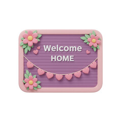 Pink Welcome Home Board With Flowers And Heart Garland On Transparent Background