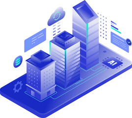 AI in Construction Building Future mobile application platform isometric city buildings clipart