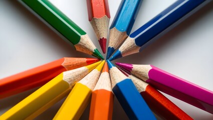 A circle of colorful pencils pointing inwards on a white surface creating a vibrant and artistic display