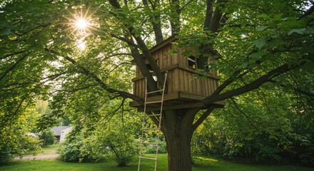 Wooden treehouse nestled in a lush tree