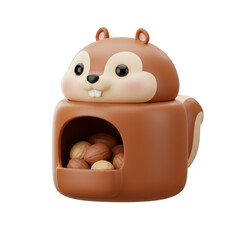 Cute Cartoon Squirrel Container Filled With Walnuts isolated on Transparent Background