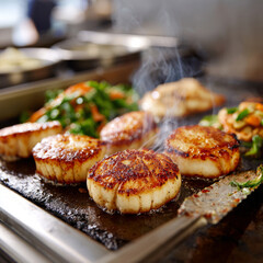 Grilled scallops sizzling on a hot pan with vegetables.