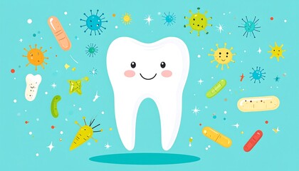 Cartoon tooth with microbes, illustration