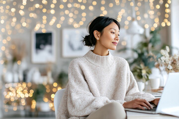 Woman working on laptop in a cozy indoor space decorated with fairy lights during winter evening