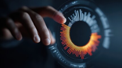Hand touching futuristic circular chart analyzing financial data on a virtual touch screen