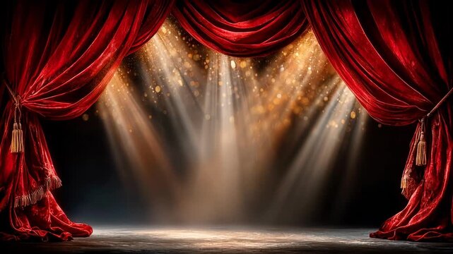 Video of stage lights turning on behind red curtains, creating a dramatic theater spotlight effect